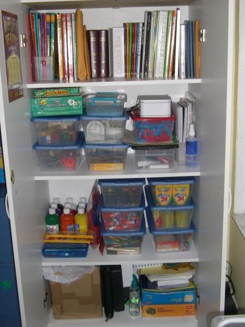 supplies Inside of the supply cabinet.